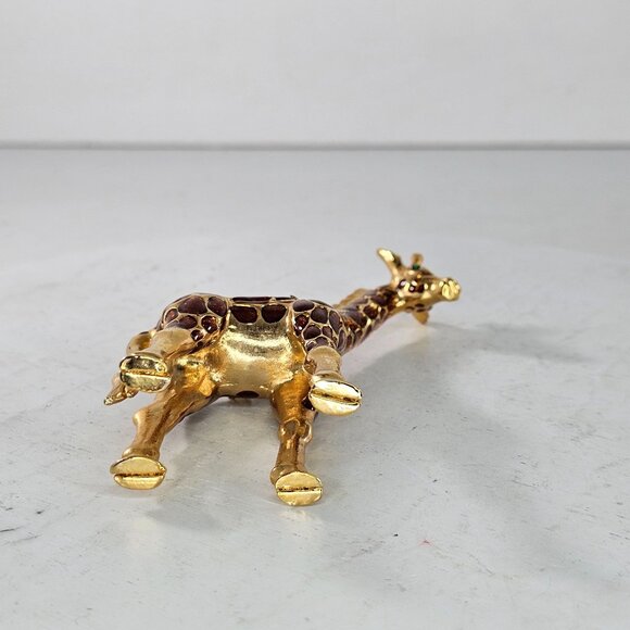 Vintage Giraffe Hinged Trinket Box Metal Enameled Green Rhinestone Eyes - Picture 9 of 9